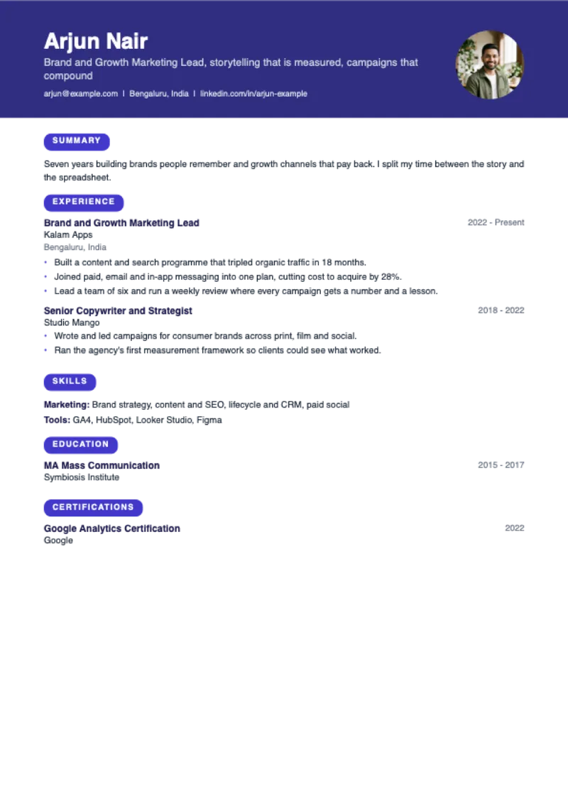 The Banner CV template, shown with a sample CV for Arjun Nair, brand and growth marketer