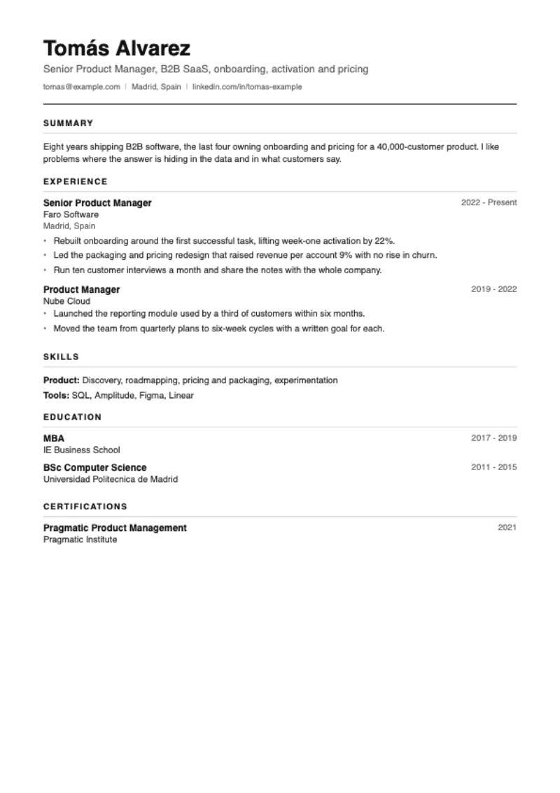 The Clear CV template, shown with a sample CV for Tomás Alvarez, product manager