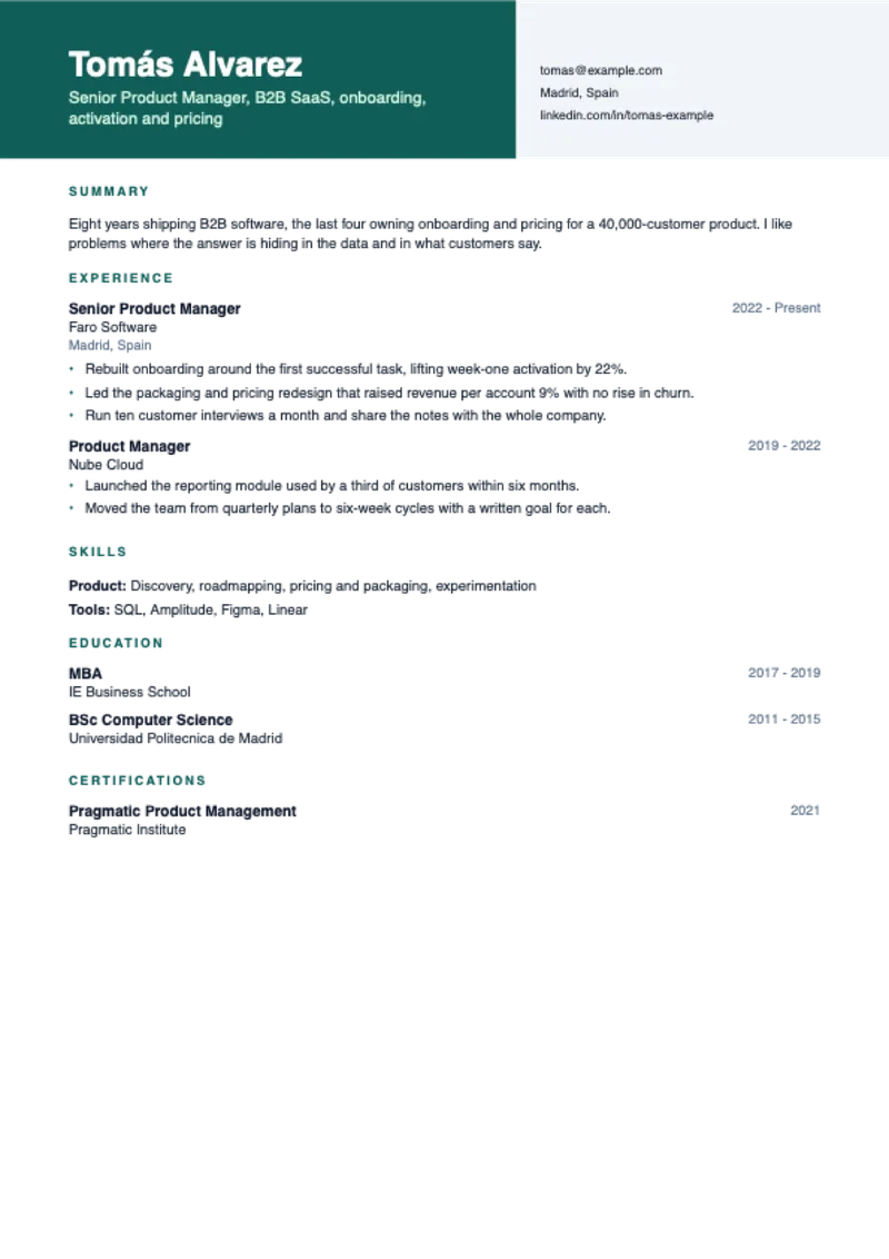 The Duo CV template, shown with a sample CV for Tomás Alvarez, product manager