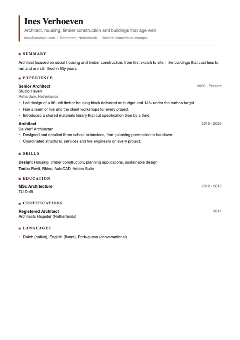 The Editorial CV template, shown with a sample CV for Ines Verhoeven, architect