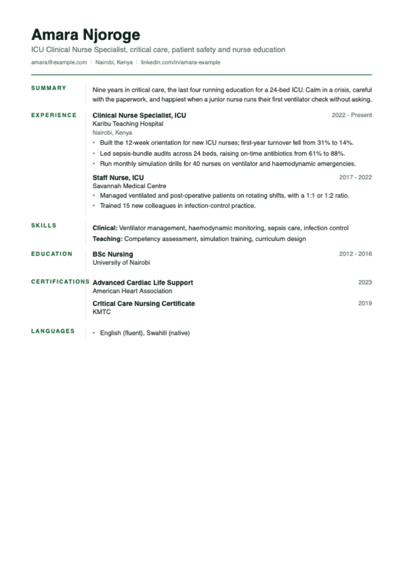 The Gutter CV template, shown with a sample CV for Amara Njoroge, icu nurse