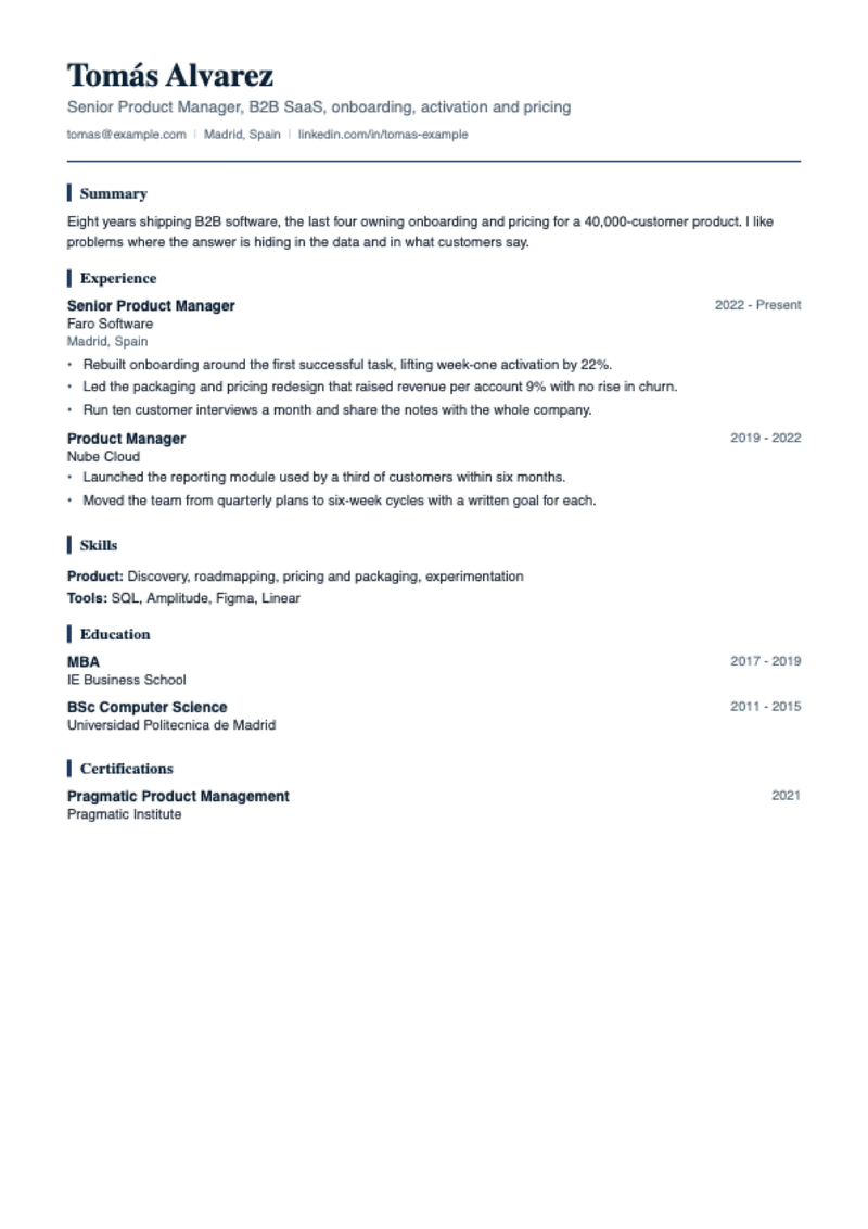 The Harbour CV template, shown with a sample CV for Tomás Alvarez, product manager