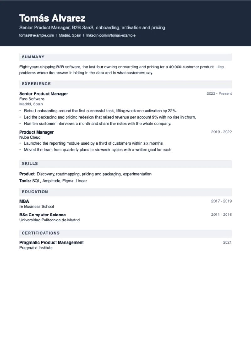 The Keystone CV template, shown with a sample CV for Tomás Alvarez, product manager