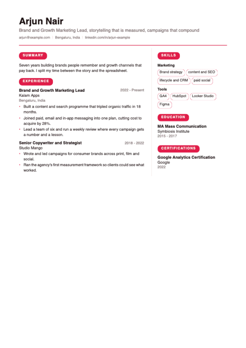 The Mosaic CV template, shown with a sample CV for Arjun Nair, brand and growth marketer