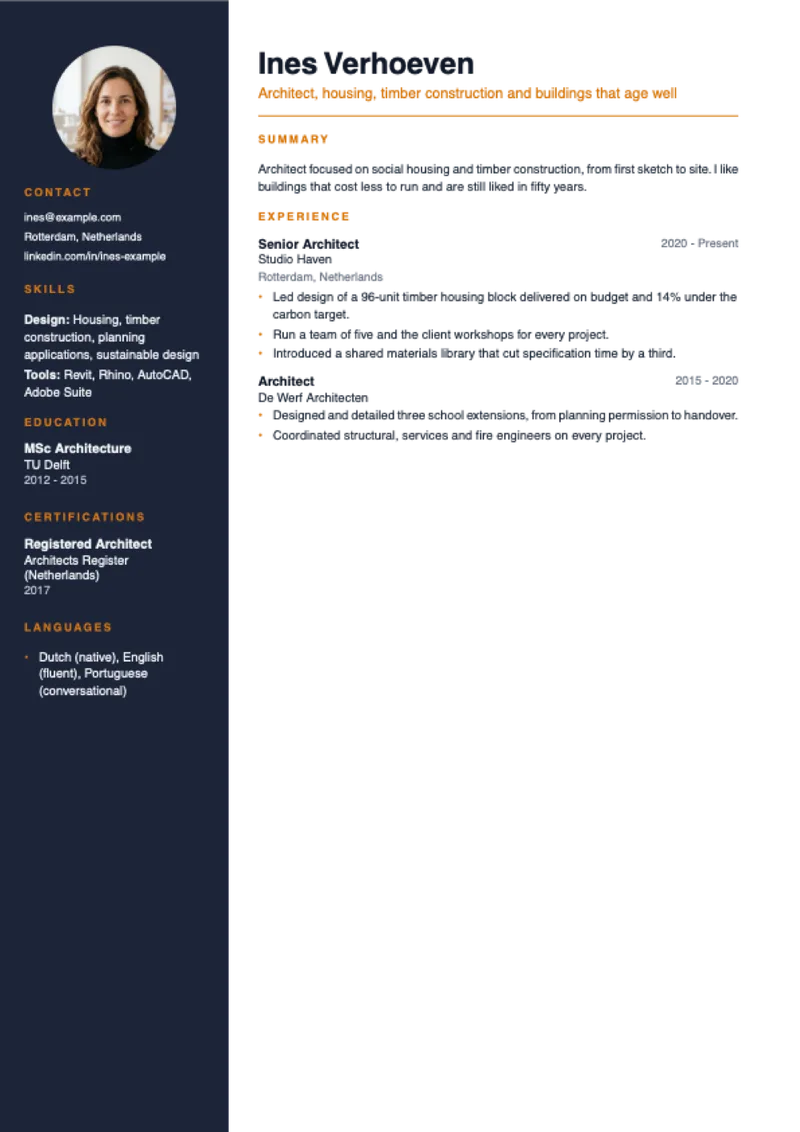 The Nightfall CV template, shown with a sample CV for Ines Verhoeven, architect