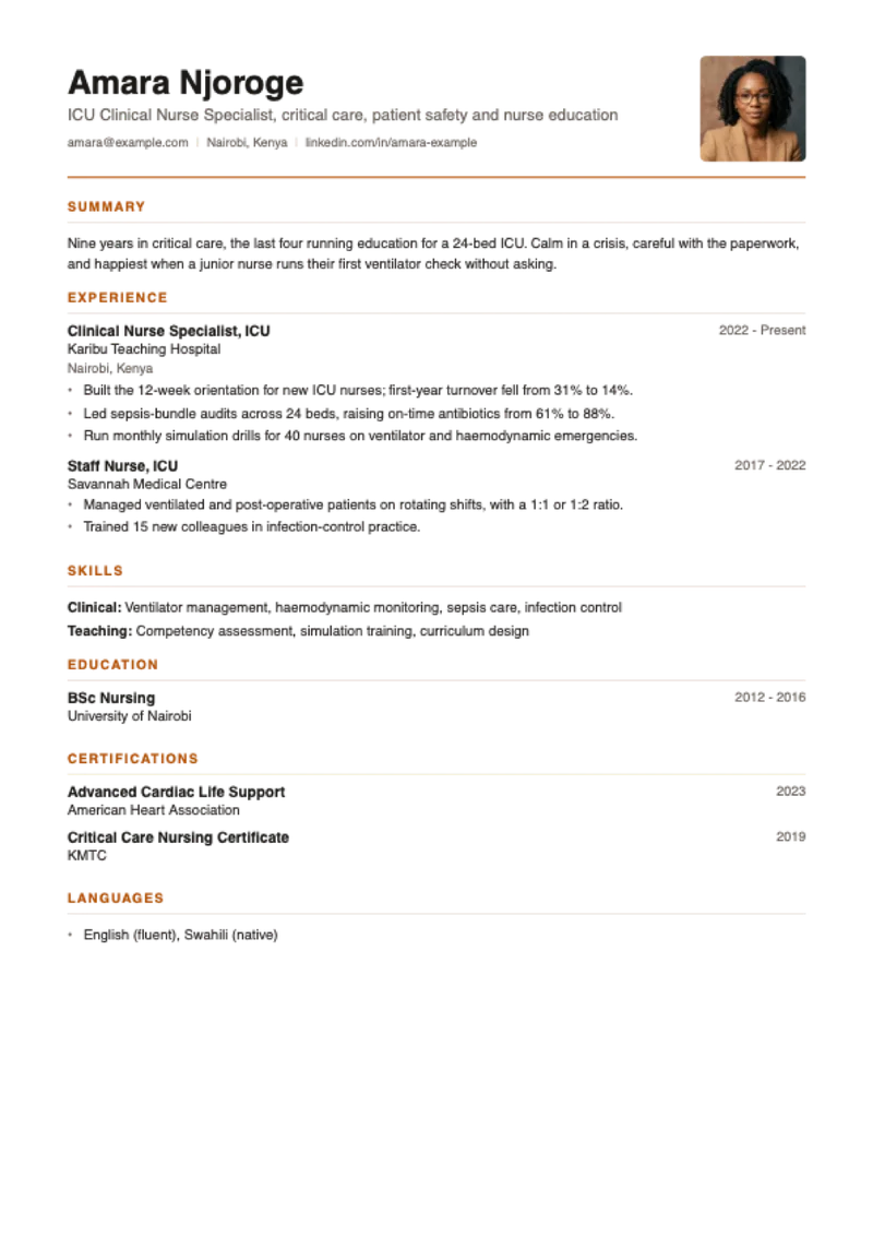 The Portrait CV template, shown with a sample CV for Amara Njoroge, icu nurse