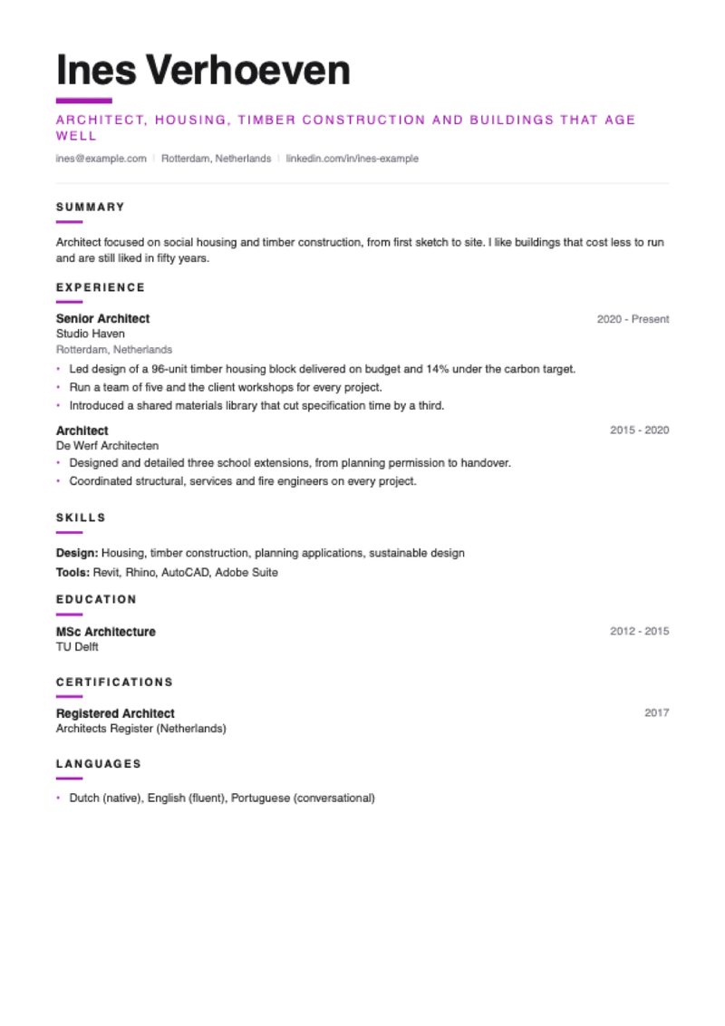 The Poster CV template, shown with a sample CV for Ines Verhoeven, architect