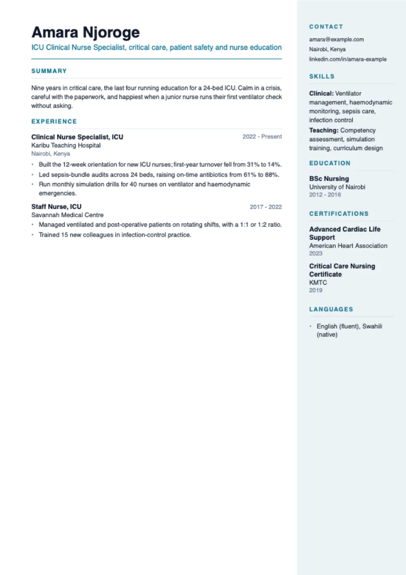 The Right Rail CV template, shown with a sample CV for Amara Njoroge, icu nurse