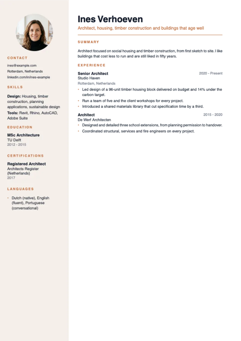 The Studio CV template, shown with a sample CV for Ines Verhoeven, architect