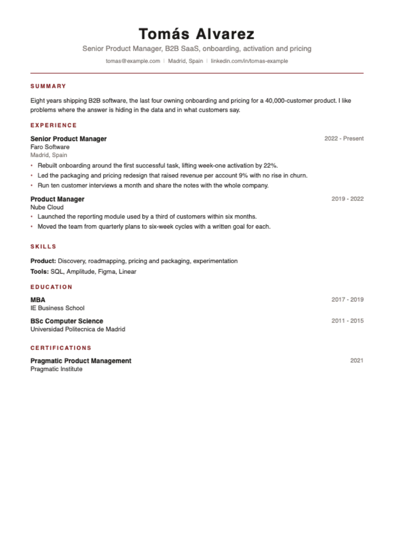 The Summit CV template, shown with a sample CV for Tomás Alvarez, product manager
