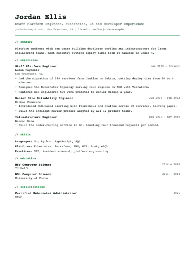 The Terminal CV template, shown with a sample CV for Jordan Ellis, platform engineer