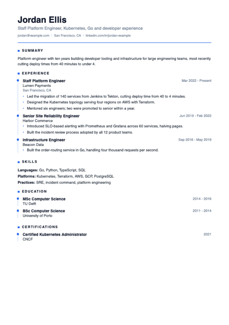 The Timeline CV template, shown with a sample CV for Jordan Ellis, platform engineer